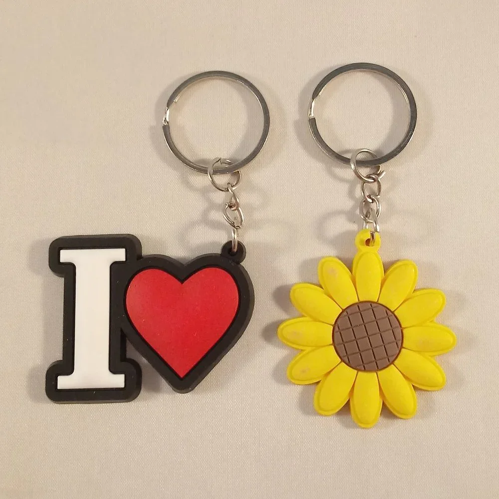 New Silver I Heart + Sunflower Keychain Key Ring Lot of 2 Party Gift
